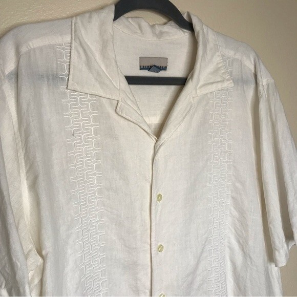 Breakwater Embroidered Linen Short Sleeve Button Front White Shirt Mens Medium - Picture 2 of 14